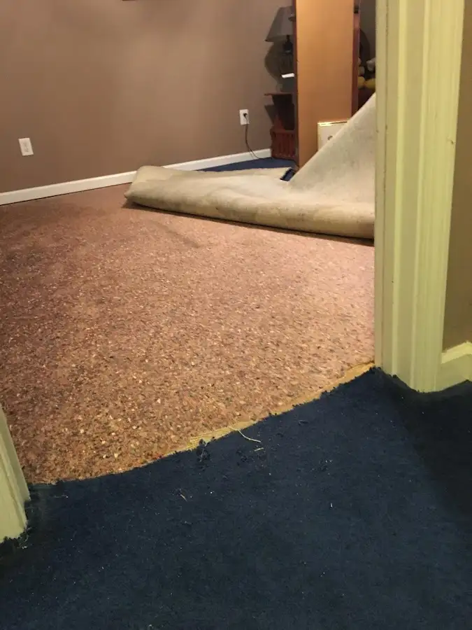 Carpet pad removal revealing water damage during Water Mitigation Services in Guilford